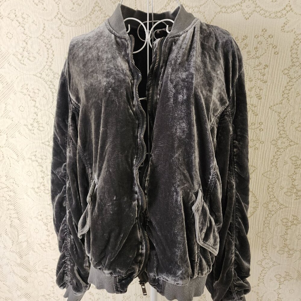 Free People Ruched Velvet Bomber Jacket in gray size large